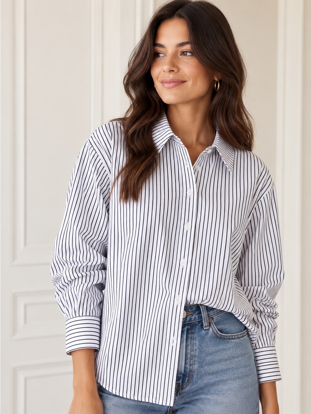 Dazy White Black Pinstripe Oversized Button Down Shirt Blouse Size S